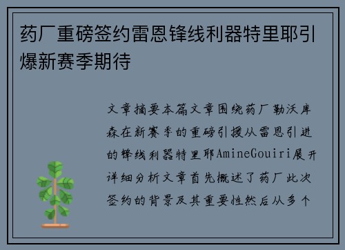 药厂重磅签约雷恩锋线利器特里耶引爆新赛季期待 药厂重磅签约雷恩锋线利器特里耶引爆新赛季期待